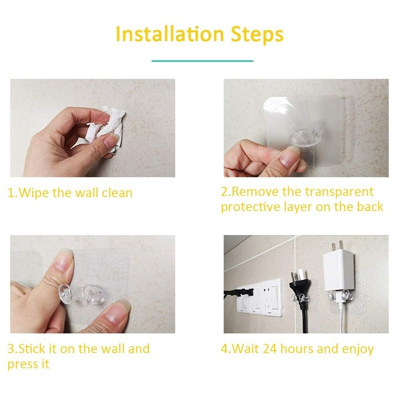 Set 2 Móc Nhựa Trong Suốt Dán Tường Giữ Dây Cáp Gọn Gàng