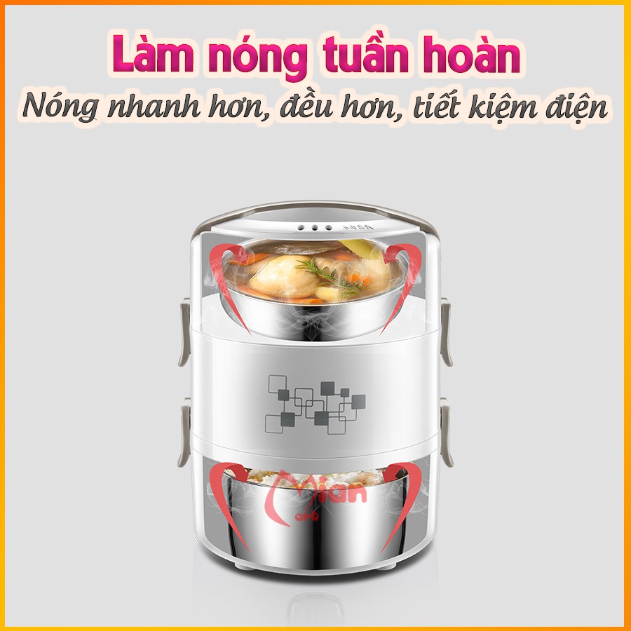 Hộp cơm cắm điện hâm nóng, 3 ngăn inox nắp chống tràn, hộp cơm văn phòng có hẹn giờ- MIAN MART