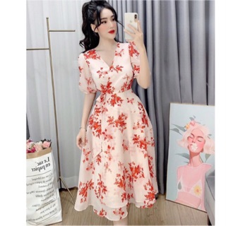 Đầm maxi hoa đỏ cổ V dây cột eo chất vol kèm lót cao cấp