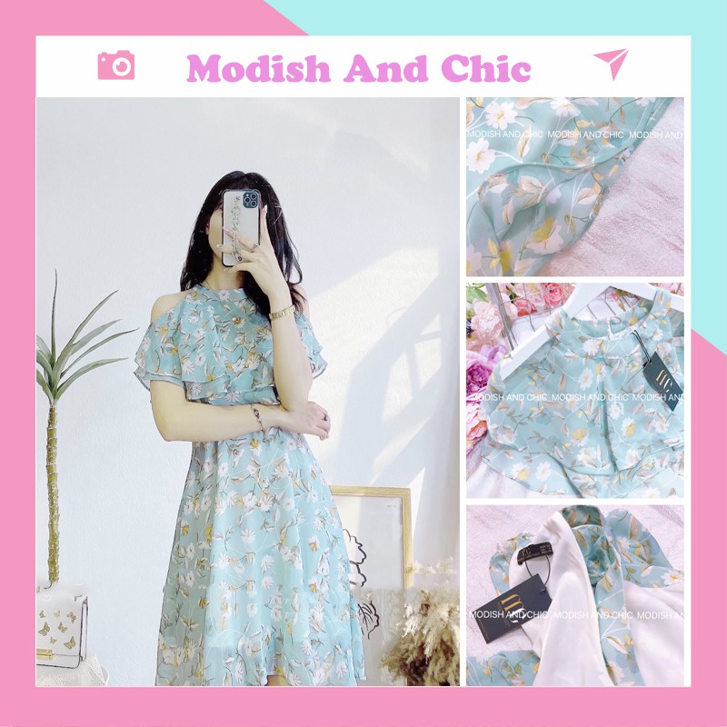 váy xòe voan hoa nhí xanh trễ vai dễ thương V093 - MC phân phối chính thức ( kèm ảnh thật shop tự chụp)