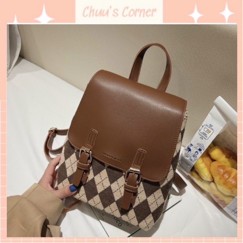 Balo nữ hoạt tiết kẻ caro vintage cài nắp tiện lợi size 25cm
