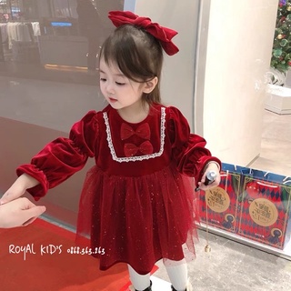 Váy cho bé gái vải nhung đỏ đính nơ Royalkids