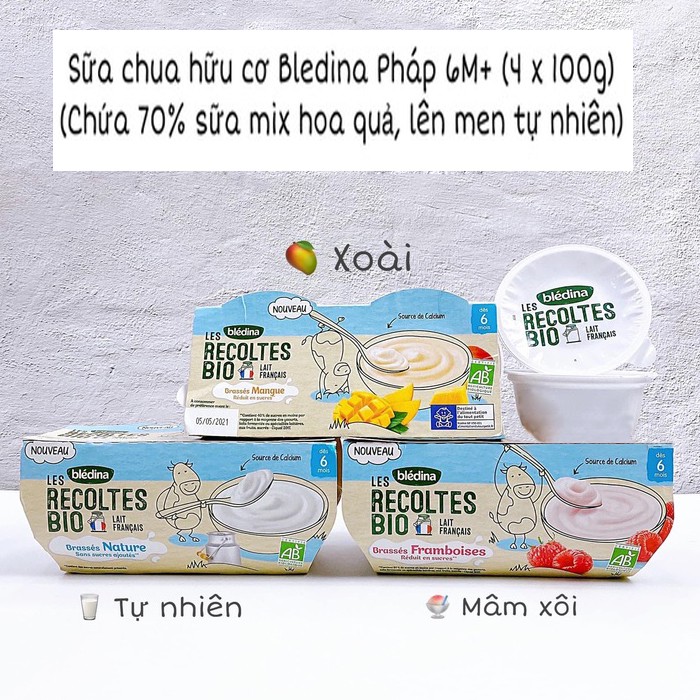 [Đồ ăn dặm cho bé] Sữa chua hữu cơ Bledina Pháp vị tự nhiên, xoài cho bé ăn dặm 6, 7, 8, 9 tháng