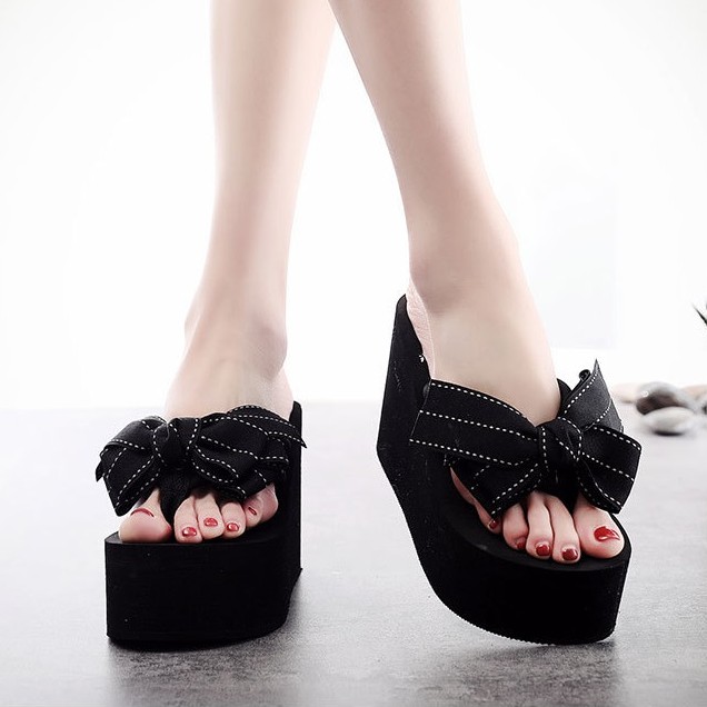 (SẴN HÀNG) Dép Kẹp Tông Nữ Xỏ Ngón Đế Cao 6cm Quai Đính Nơ Chống Trượt