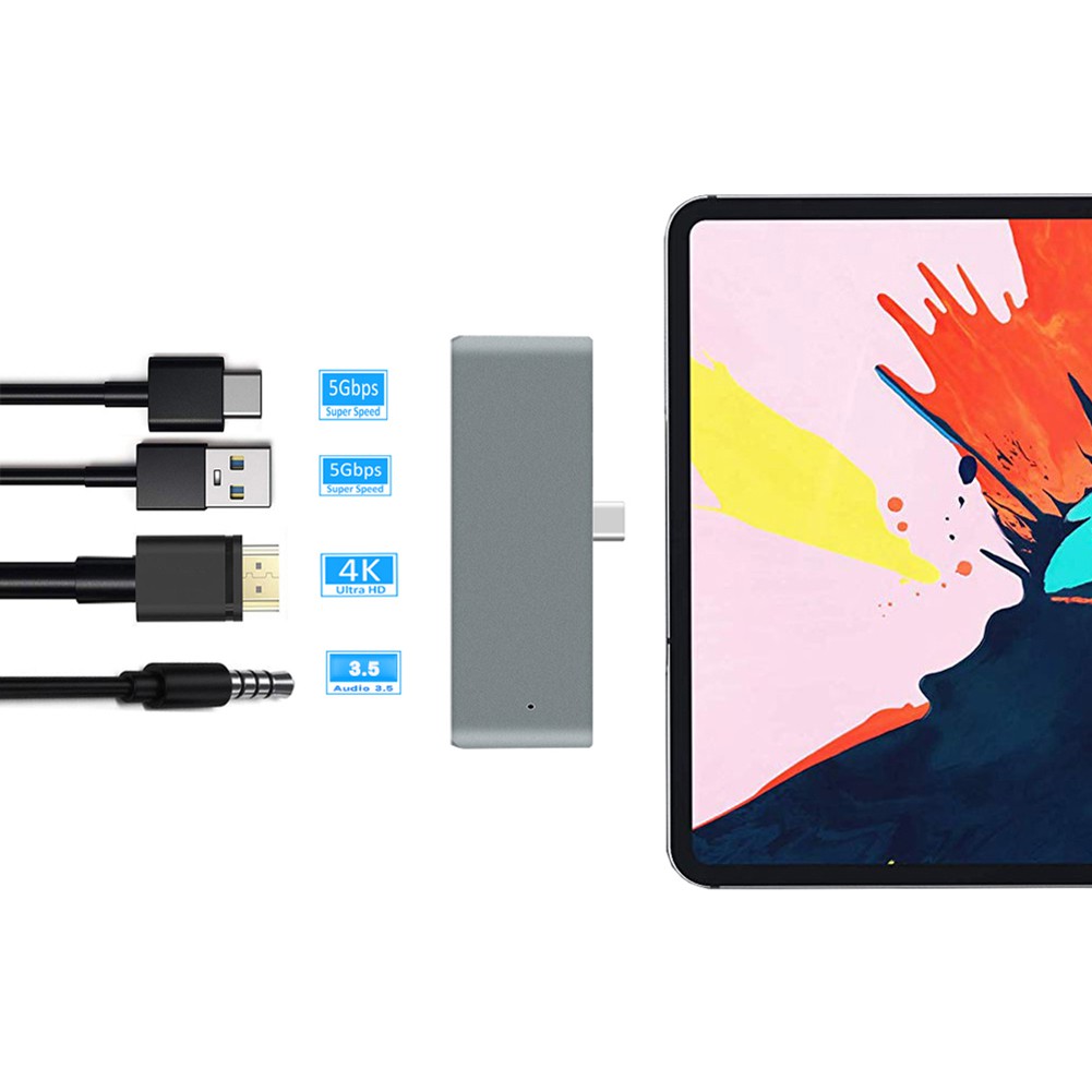 PUR Mobile Pro Hub Adapter with USB-C PD Charging 4K HDMI USB 3.0 3.5mm Headphone Jack for iPad Pro