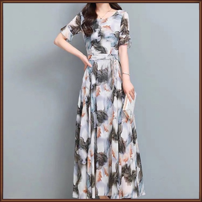 Đầm Midi Chữ A Tay Ngắn Cổ Tròn In Họa Tiết Hoa Thời Trang Mùa Hè Cho Nữ