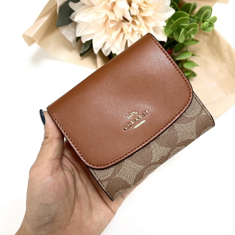 Ví nữ mini Coach da thật pha canvas dáng gấp 3 nhỏ gọn full box