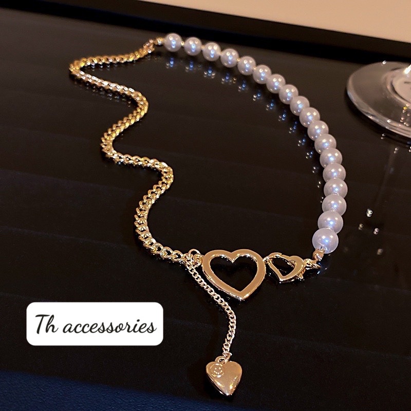 vòng cổ chocker titan kết hợp ngọc nhân tạo thiết kế hình trái tim mã th928874
