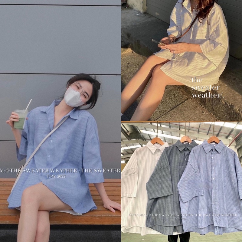 Áo sơ mi nữ tay lỡ chất thô mềm form oversize hoạ tiết kẻ sọc ver2 - The Sweater Weather
