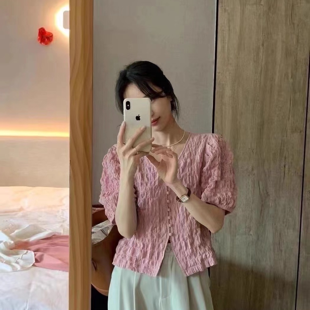 Áo kiểu SUXI tay ngắn phồng cổ chữ v màu sắc đơn giản phong cách Hàn Quốc cho nữ