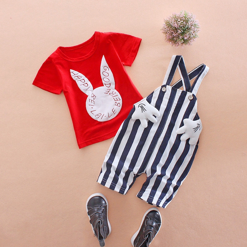 Bộ áo thun cotton tay ngắn + quần yếm hoạ tiết kẻ sọc thời trang phong cách Hàn Quốc cho nữ