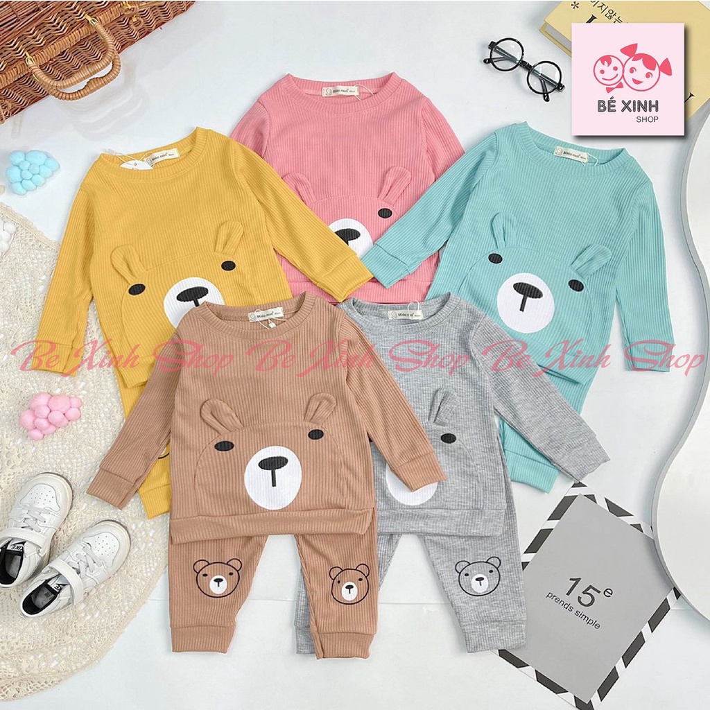 Đồ Bộ Dài Tay Thu Đông Cho Bé Trai Bé Gái Mikko Mom  Bộ Đồ Ngủ Thu Đông Thun Len Tăm Cho Bé Trai Gái TAI GẤU 2