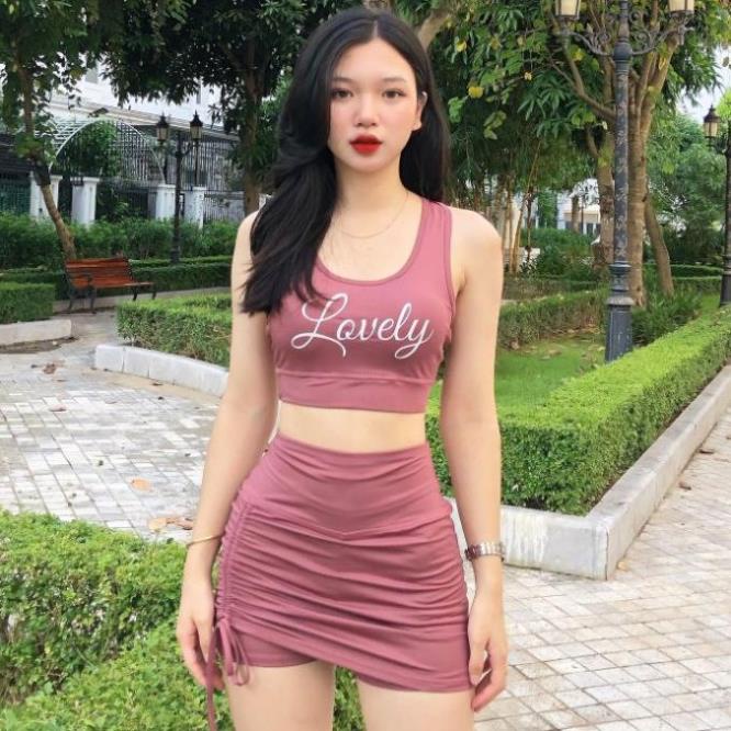Set tập gym nữ, quần áo tập gym yoga aerobic nữ quần giả váy kín lưng co giãn tốt ! ,