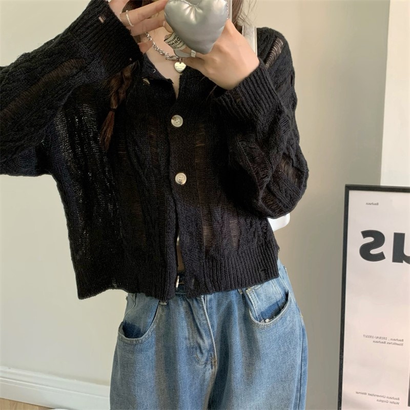 【ZHELIHANGFEI】Áo Cardigan Dệt Kim Tay Dài Lưng Cao Kiểu Dáng Quyến Rũ