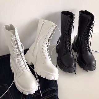 SẴN Giày Bốt Martin cao cổ đế độn, boots cao cổ buộc dây kéo khoá , chất da Pu đẹp mềm ( kèm video + ảnh thật) B006