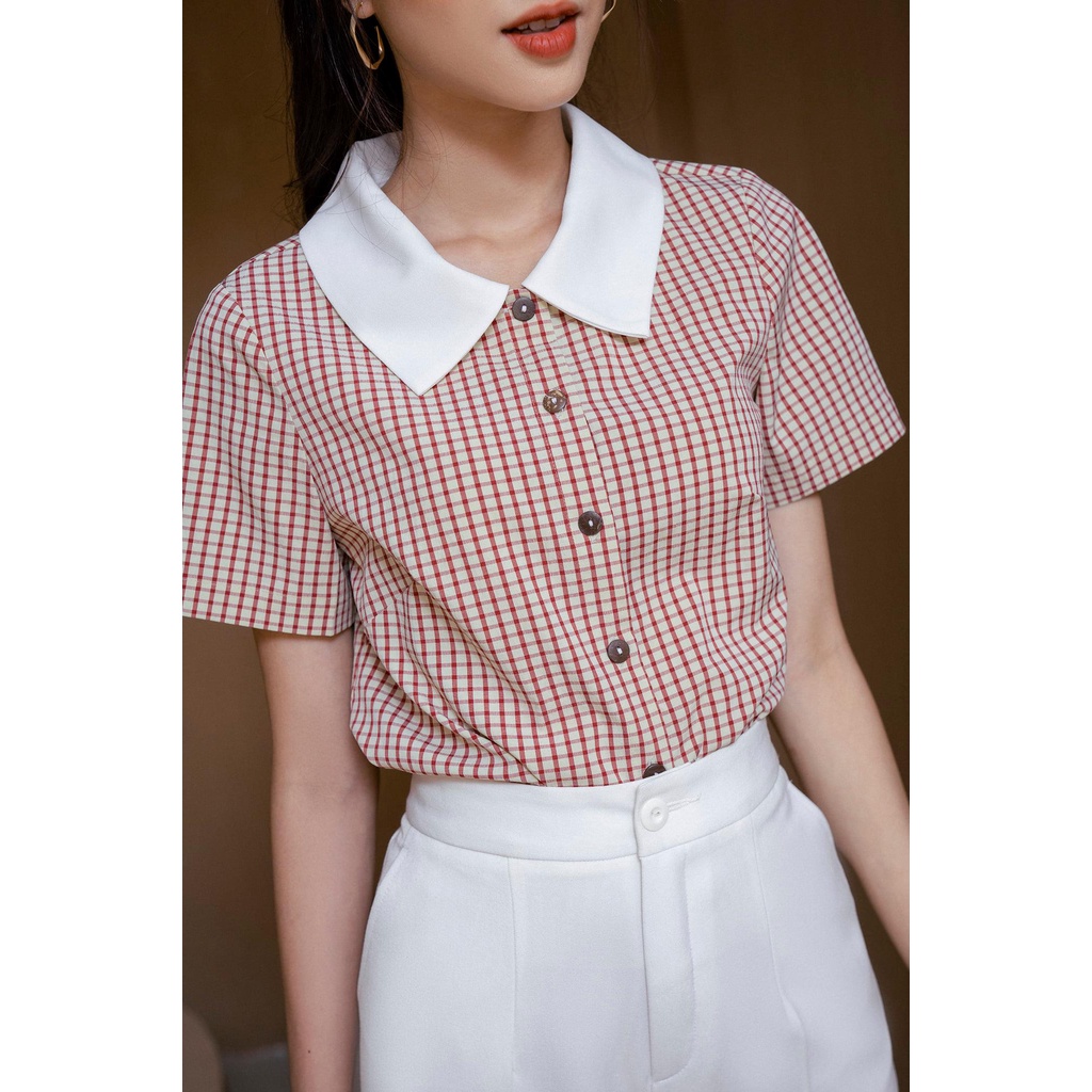 Áo sơ mi kẻ cộc tay phối cổ sen vuông trắng TIIN STORE AHN309 | BigBuy360 - bigbuy360.vn