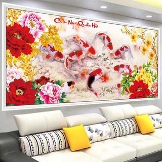Tranh thêu kín CỬU NGƯ QUẦN HỘI mn0100 (180x80 cm) và mn0099 (130x60 cm)