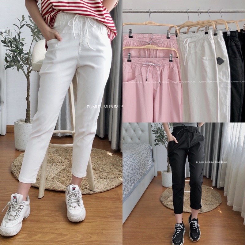 Quần dáng baggy ống suông nữ dây rút lưng thun chất kaki thun có độ co giãn tốt 3 size SML Pumi