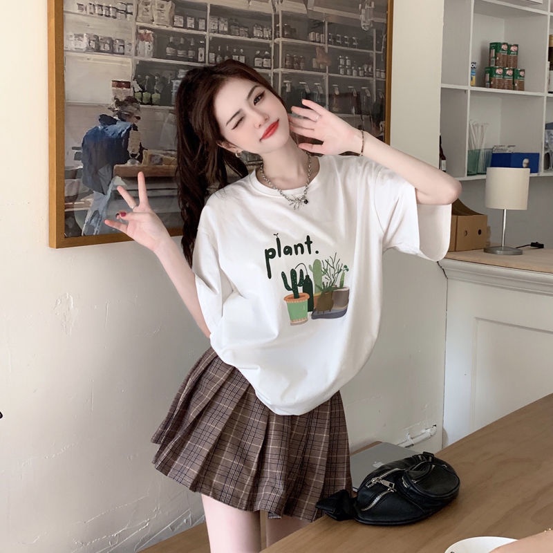 Áo Thun Tay Ngắn Cổ Tròn Dáng Rộng In Họa Tiết Dễ Thương Phong Cách Hàn Quốc