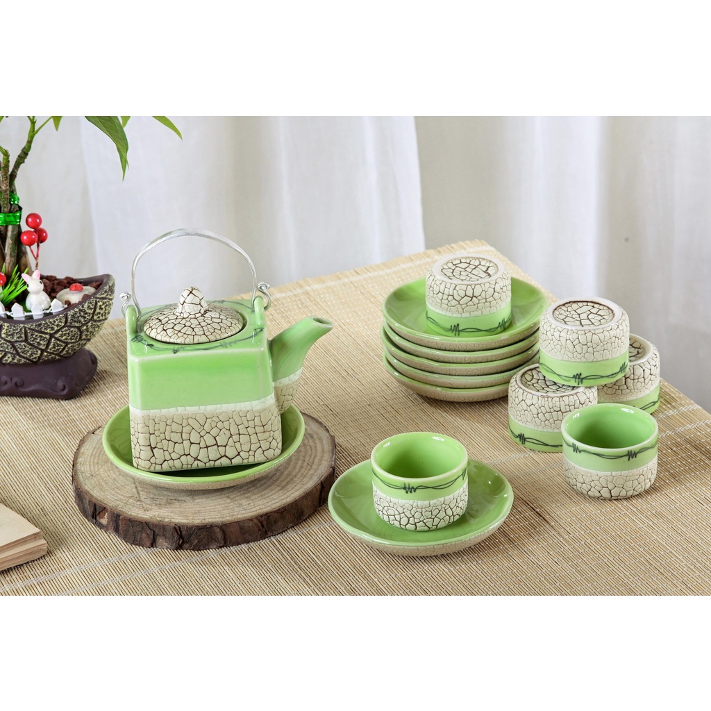 Bộ ấm chén bát tràng men rạn lưới ấm vuông quai nhôm