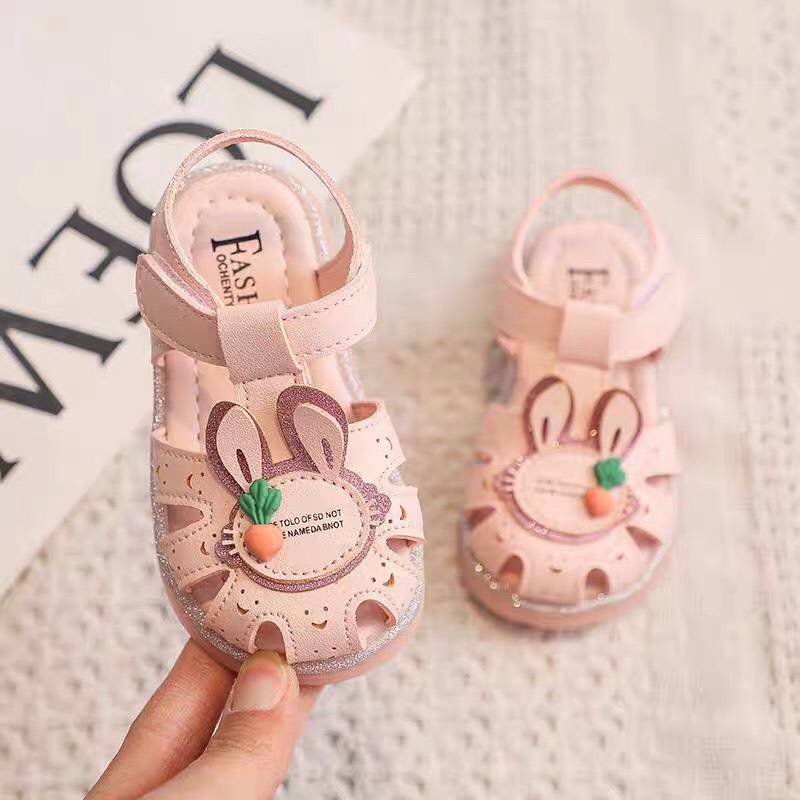 dép rọ cho bé - sandal bé gái da mềm, đế dẻo nơ thỏ carot có quay dán YY A11