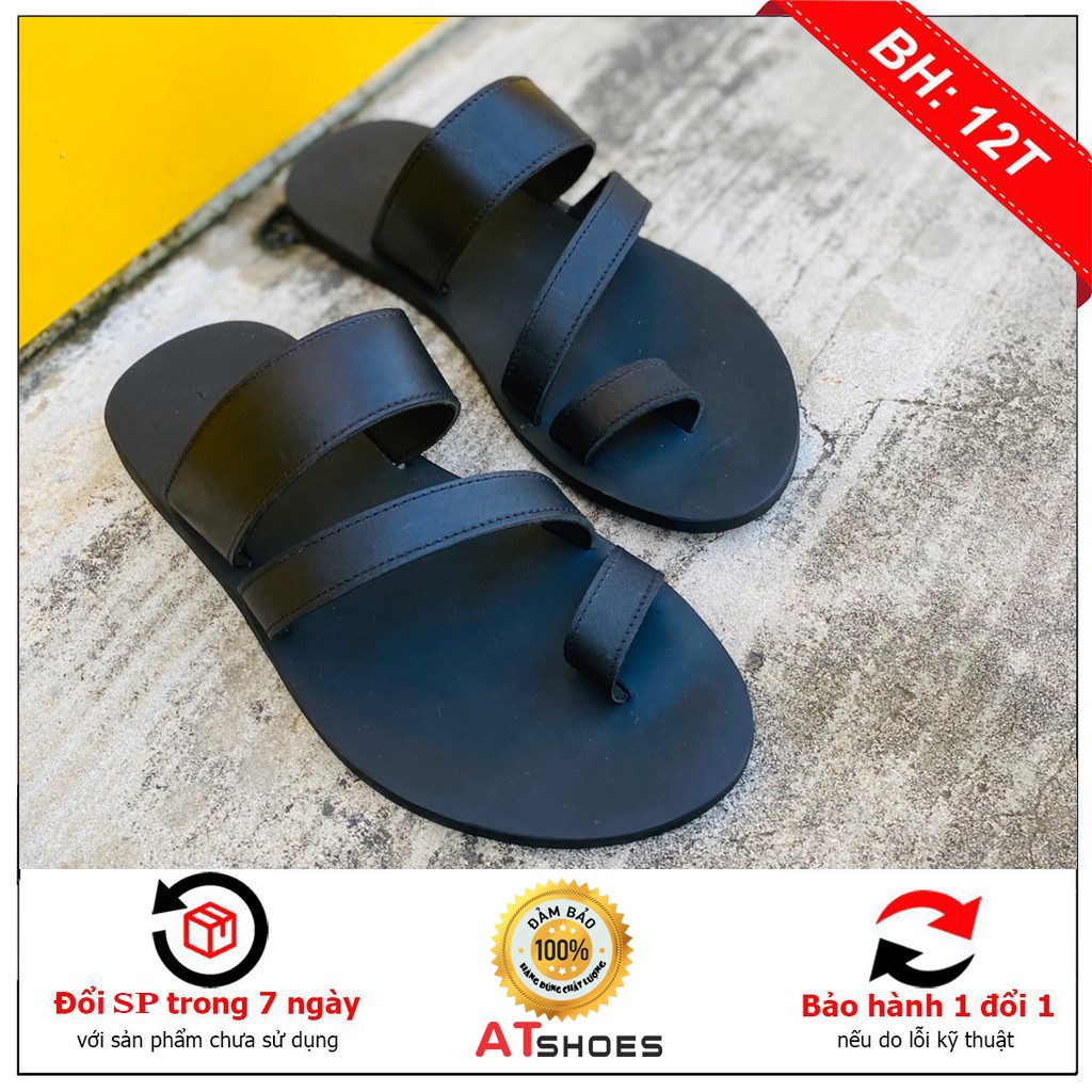 Dép Sandal Dép Xỏ Ngón Da Bò Thật Sandal Xỏ Ngón Nam Nữ Trẻ Trung Đế Caosu Chống Nước XNSG22 (Đen - Đen đế vàng)