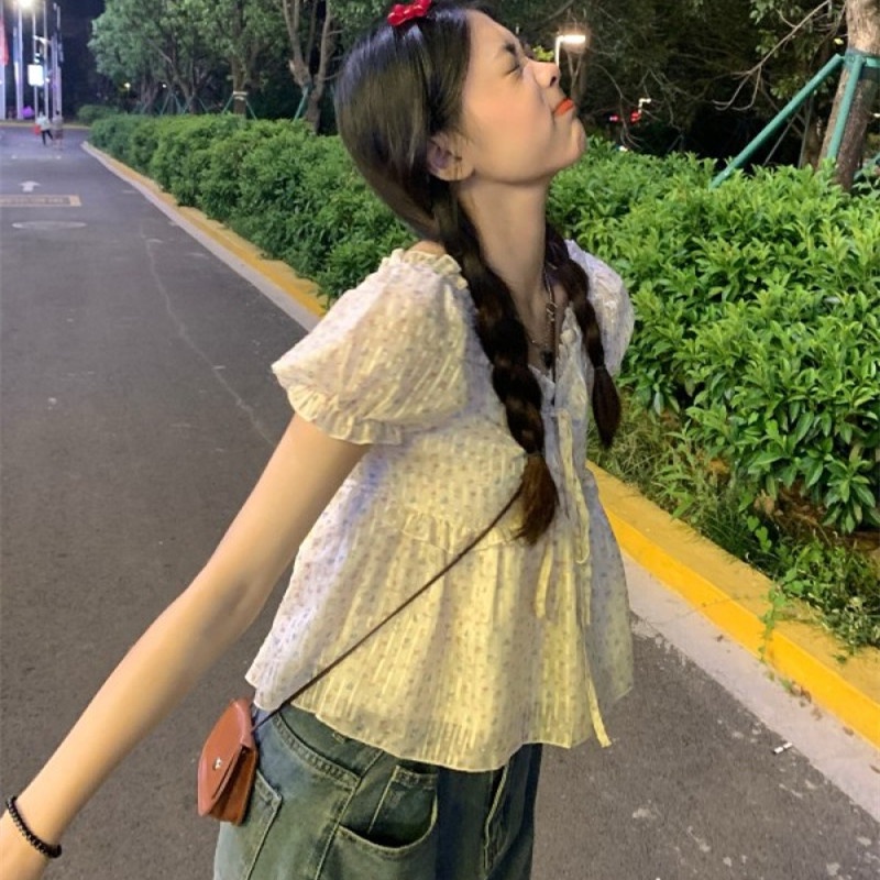 Áo Kiểu Trễ Vai Tay Phồng In Họa Tiết Hoa Thời Trang Cho Nữ