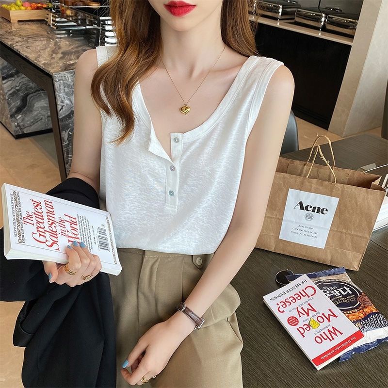 Áo Thun Sát Nách Vải Cotton Mỏng Dáng Rộng Chữ I Màu Trắng Thời Trang Mùa Hè Cho Nữ