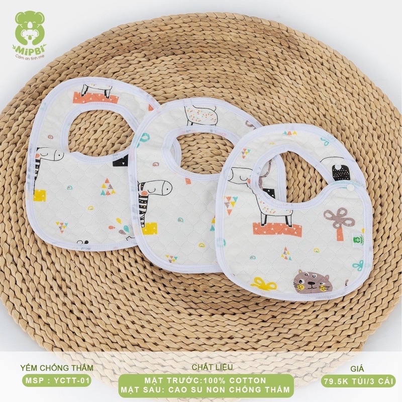 Set 3 Yếm Chống Thấm 100% Cotton Mipbi Siêu Cao Cấp