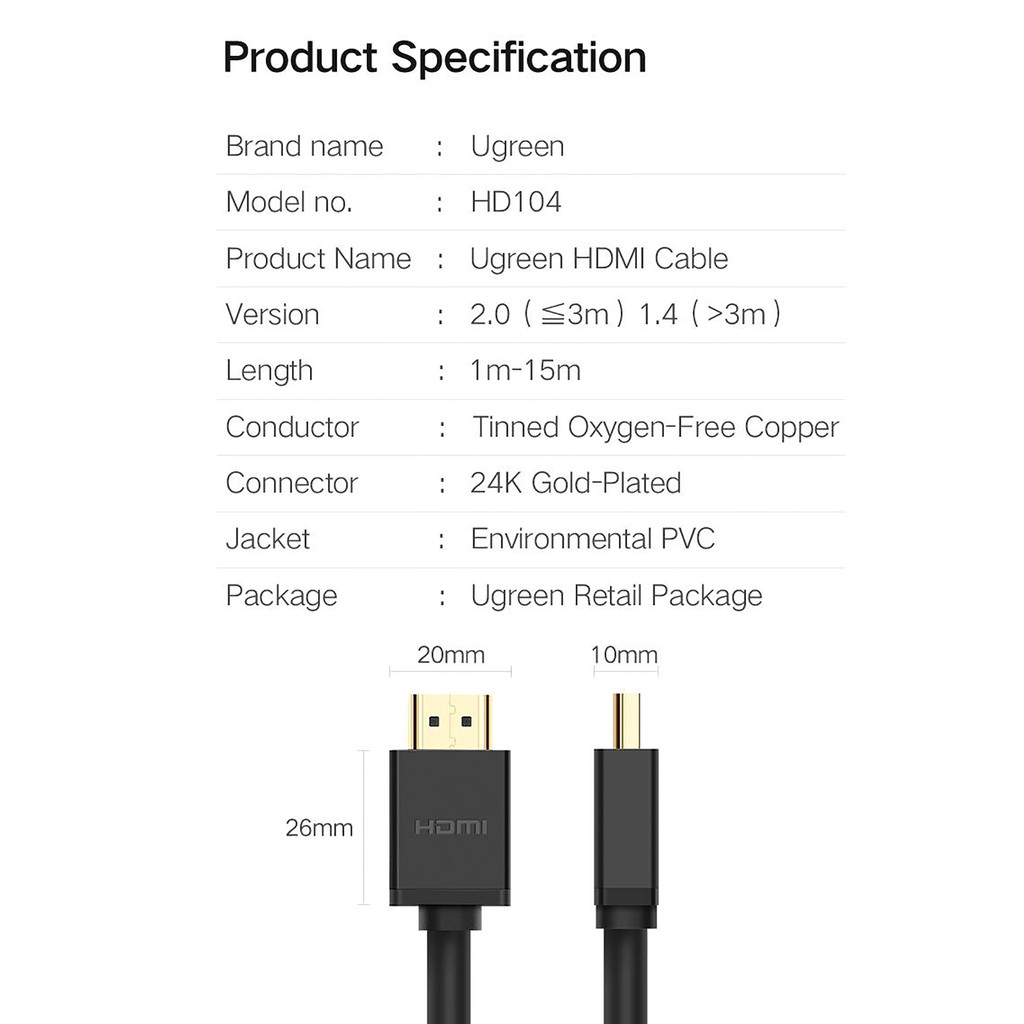 Cáp HDMI 2.0 4K 60Hz Cao Cấp UGREEN HD104 Chính Hãng - Dài 1M, 1.5M, 2M, 3M, 5M, 10M - BH 18T Đổi Mới