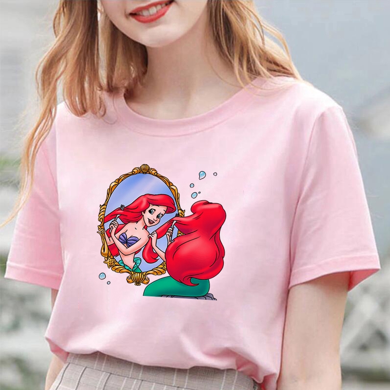 Mermaid Cute Cartoon  Pink Tshirt Harajuku Women Kawaii T-shirts Lovely Cartoon Female Printed Casual T-shirt