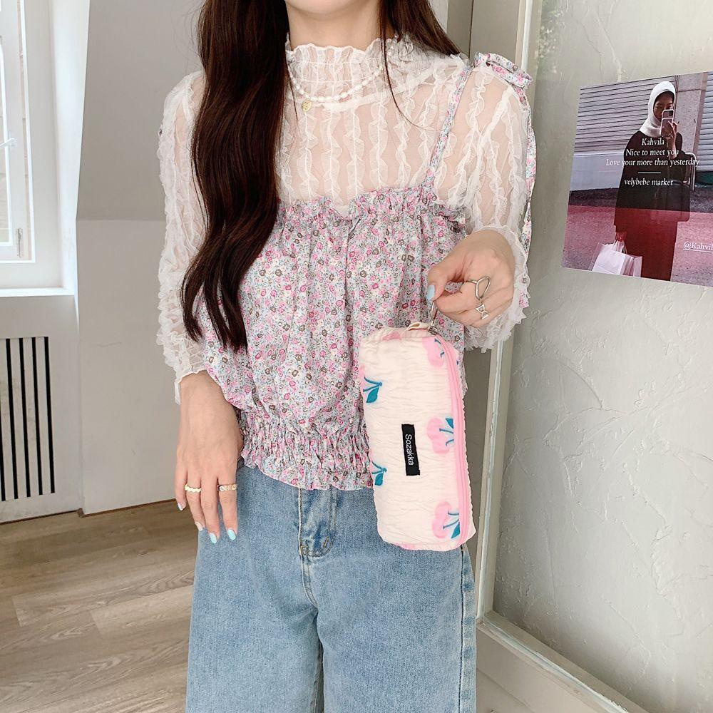 Túi Đựng Mỹ Phẩm Hình Vuông Có Khóa Kéo Họa Tiết Hoa Phong Cách Nhật Bản