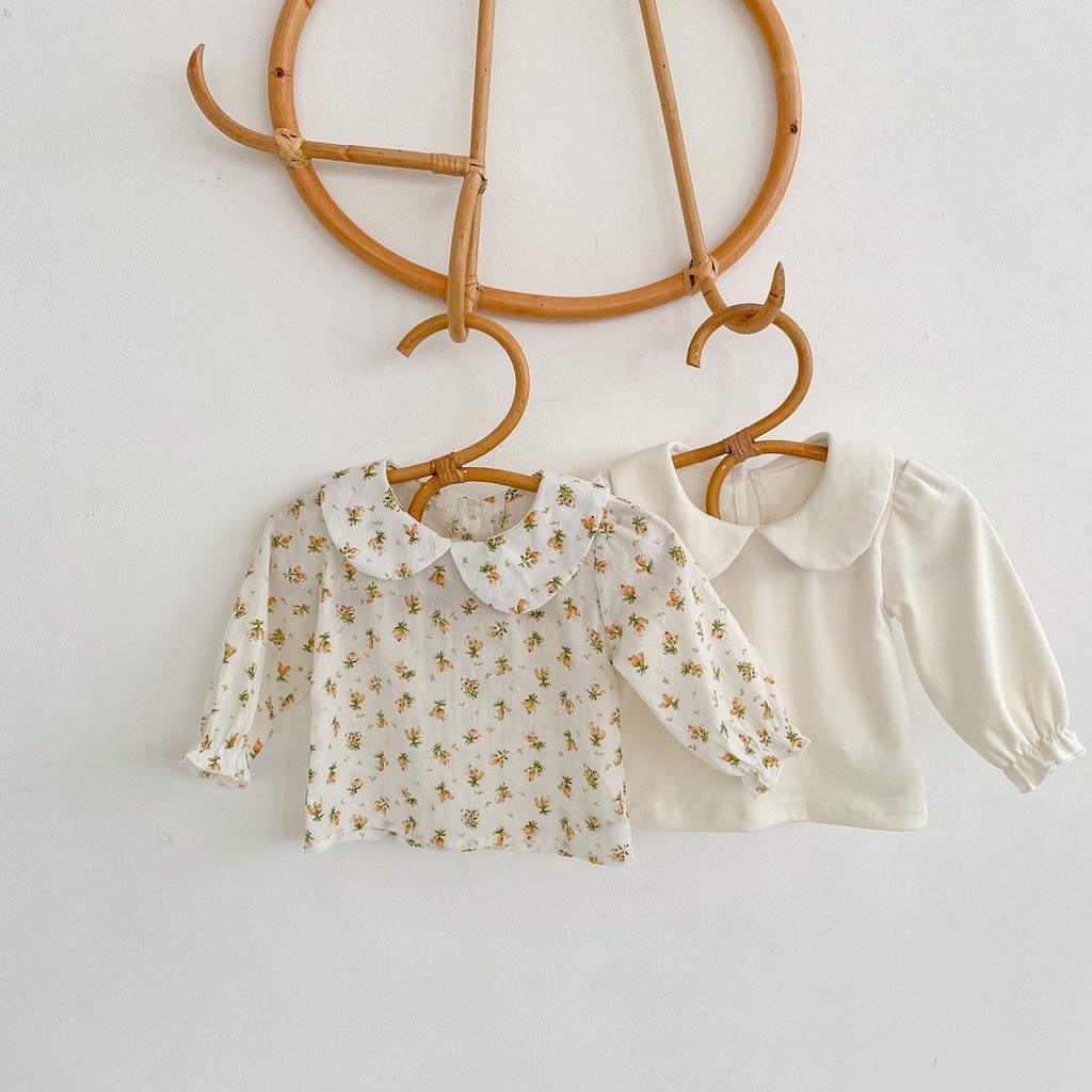 Set Áo Sơ Mi Tay Dài Cổ Búp Bê Phối Quần Yếm Denim Có Túi Lớn Thời Trang Mùa Thu 2022 Cho Bé Gái