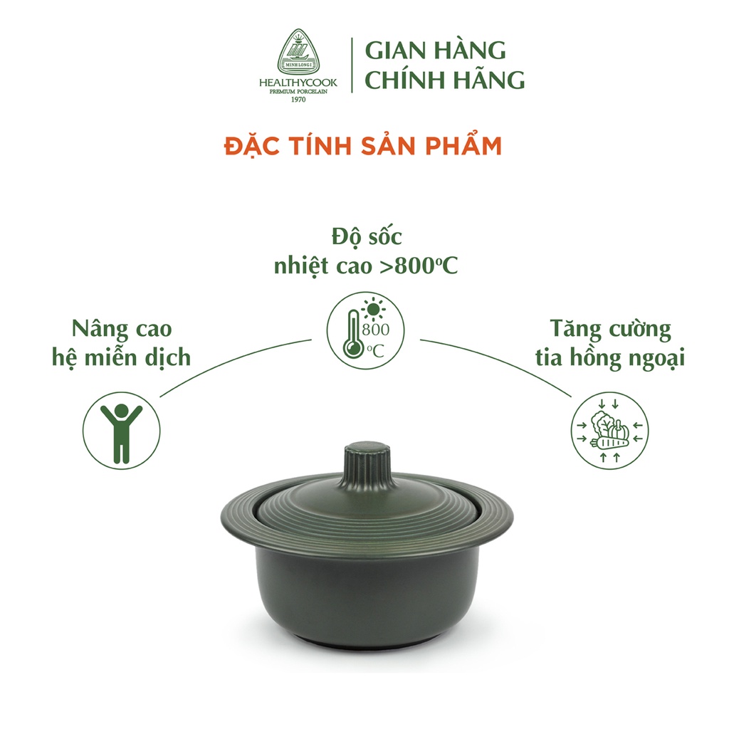 Nồi sứ dưỡng sinh Minh Long vành tròn 0.8 L + nắp dùng cho bếp gas, bếp hồng ngoại, không dùng cho bếp từ