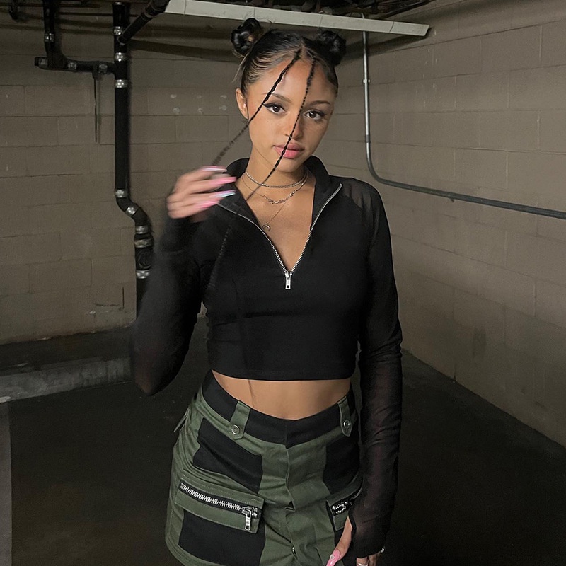 Áo Thun Tay Dài Cổ Cao Phối Lưới Có Khóa Kéo Thời Trang Đường Phố Cá Tính Cho Nữ