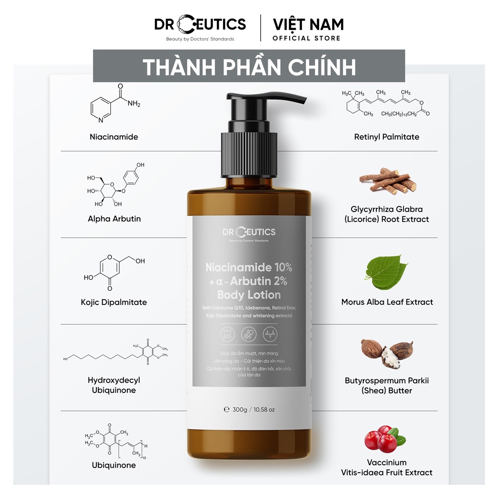 DrCeutics Sữa Dưỡng Thể NIACINAMIDE 10% + α- ARBUTIN 2% BODY LOTION Giúp da cơ thể ẩm mượt, mịn màng