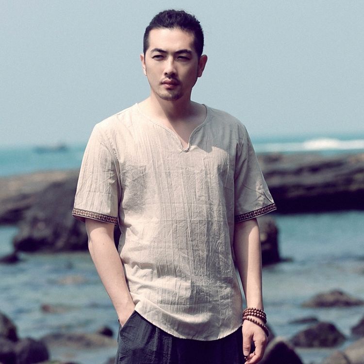 Áo Thun Tay Ngắn Vải Lanh Cotton Siêu Mỏng Dáng Rộng Cài Nút Kiểu Trung Hoa Retro