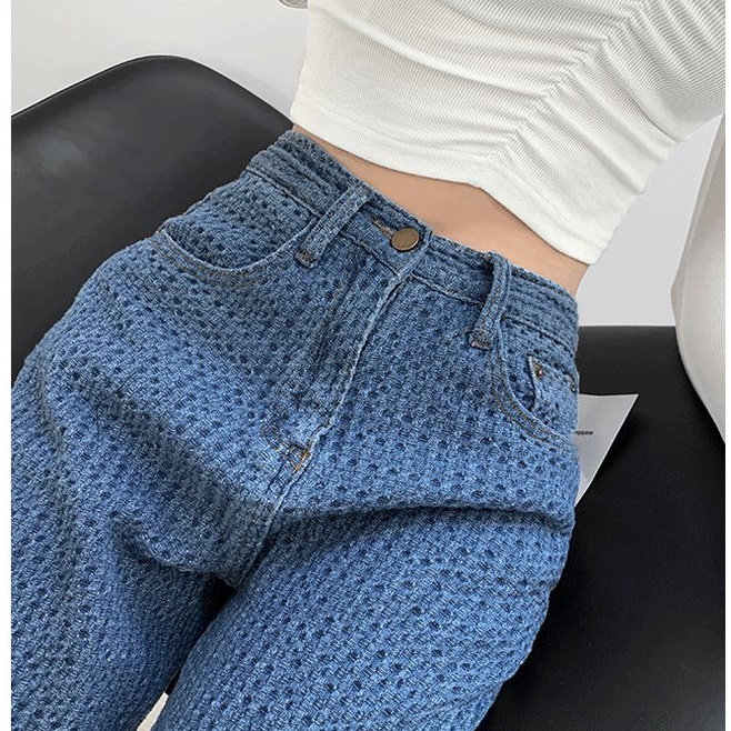 Quần jean lưng cao chất liệu dệt ô ống rộng HQD45 Hỉn Hỉn Store