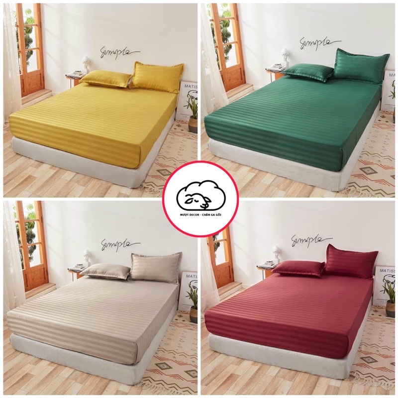 Bộ ga giường cotton kẻ sọc 3f chuyên dùng cho khách sạn đủ 9 màu miễn phí bo chun Mượt Decor