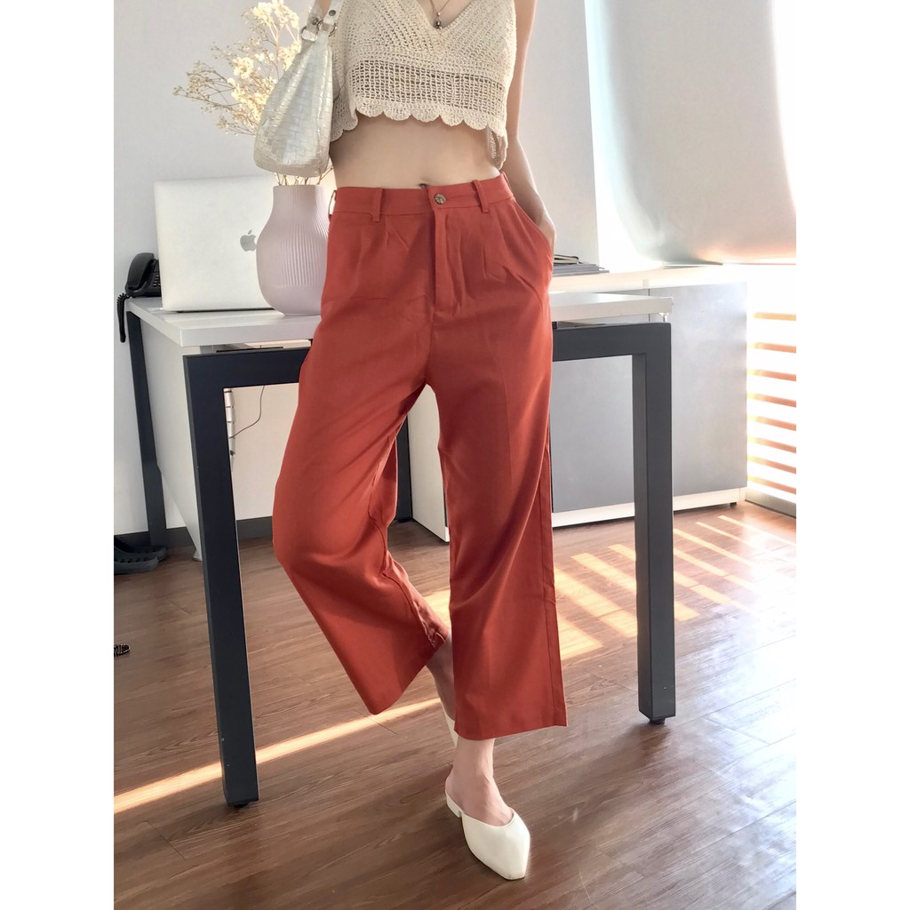 Quần tây linen cam đất/navy - Mé Hè