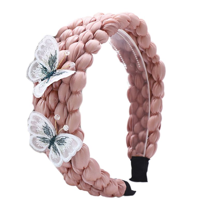 Băng Đô Cài Tóc Bện Bằng Nhựa Màu Trơn Thêu Hình Bướm 3D Thủ Công Ngọt Ngào Chống Trượt Cho Nữ