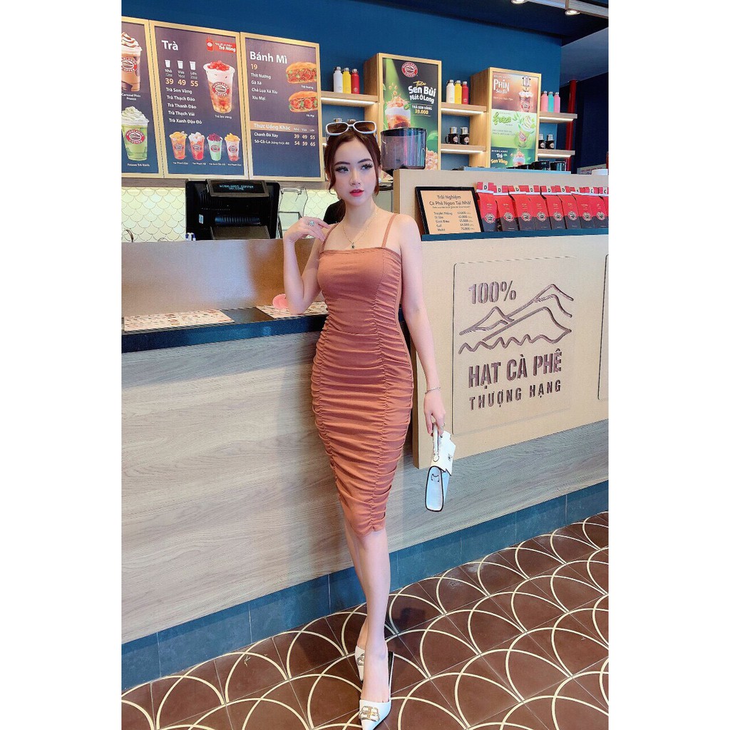 Váy body dáng ôm hai dây nhún thân mã YL9