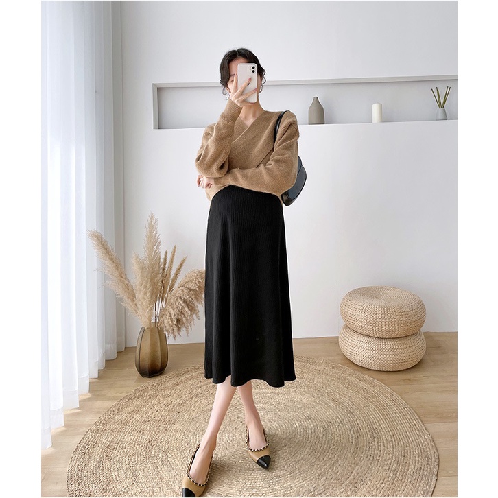 Set váy đầm bầu len kèm áo khoác croptop cao cấp phong cách mới lạ, sang trọng cá tính cho mẹ bầu thu đông