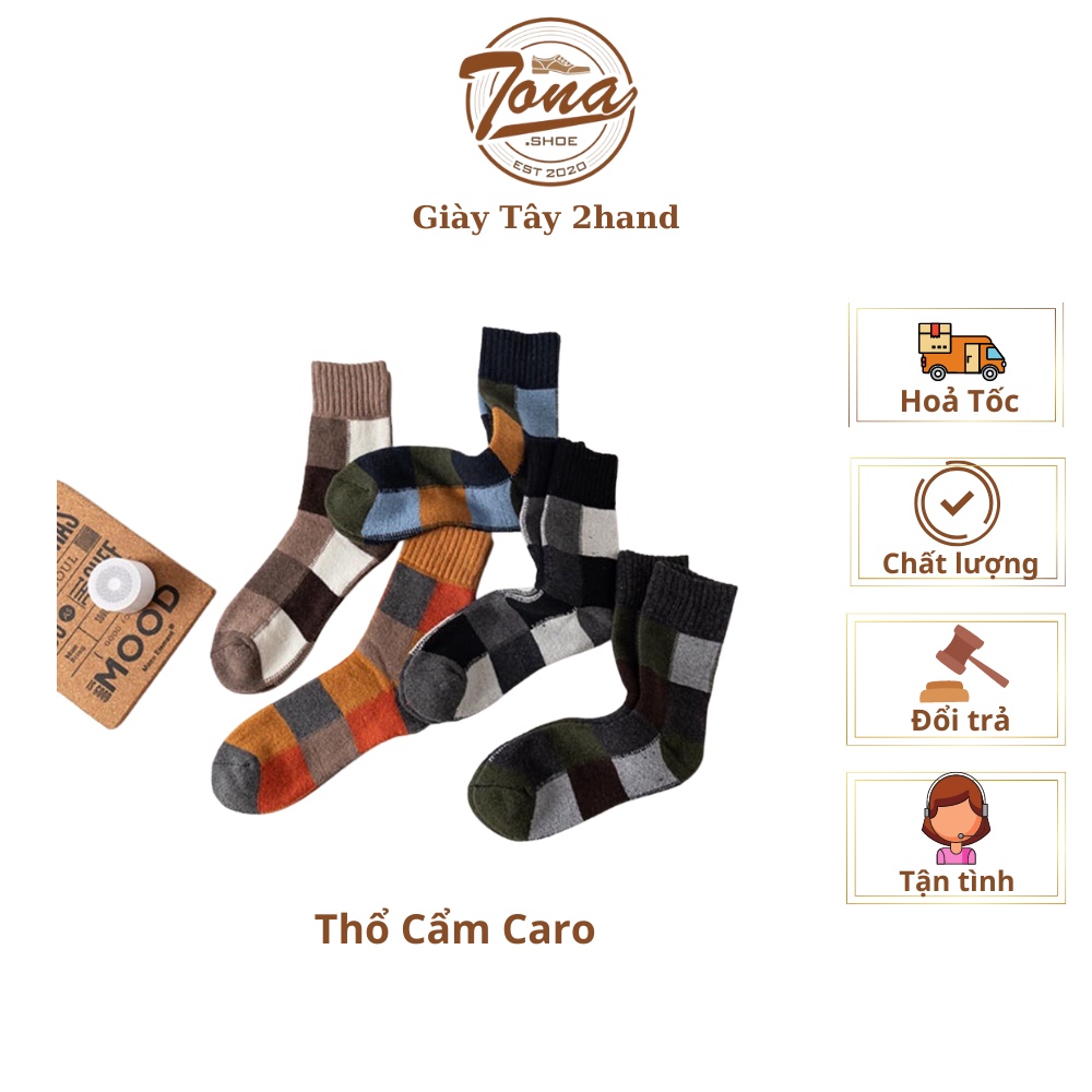 [TonaShoe] Tất Cổ Cao Sọc Caro Nam Nữ Len Dày Hợp Mùa Thu Đông
