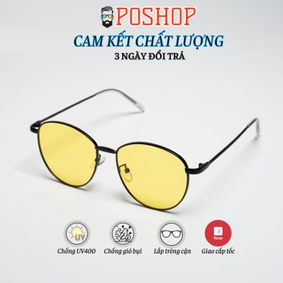 Mắt kính mát nam nữ POSHOP chống UV400 thiết kế mắt tròn oval gọng kim loại dễ đeo màu vàng thời trang đi đêm Baguette