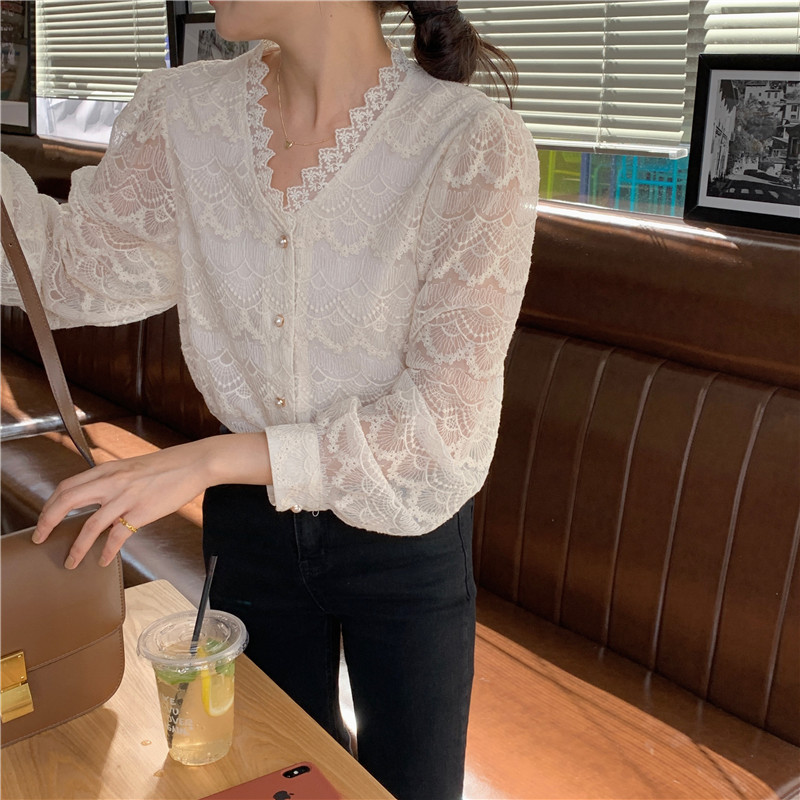 38821 Chic embroidery crochet  bottoming lace shirt women top