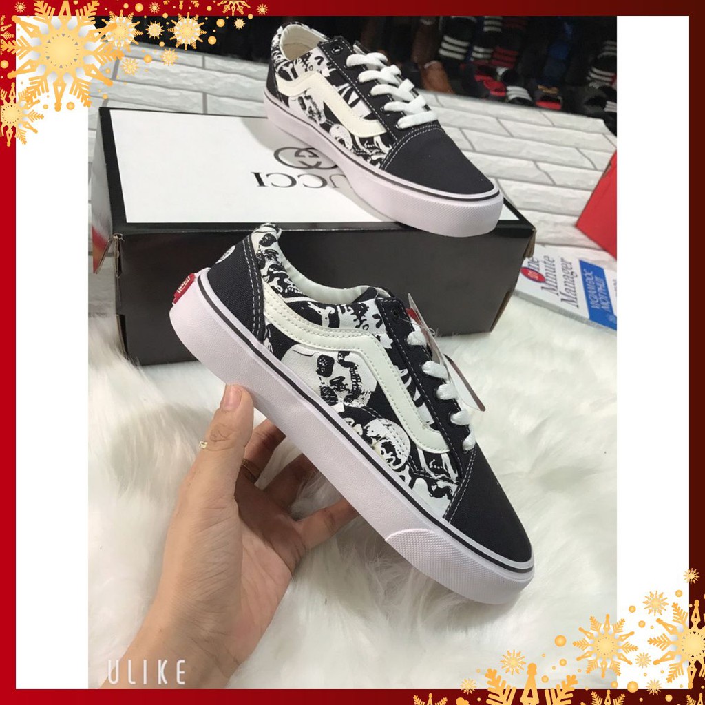 Giày sneakers VANS OLD SKOOL Cổ Thấp In Hình Đầu Lâu Màu Trắng Đen Cá Tính Cho Nam Và Nữ