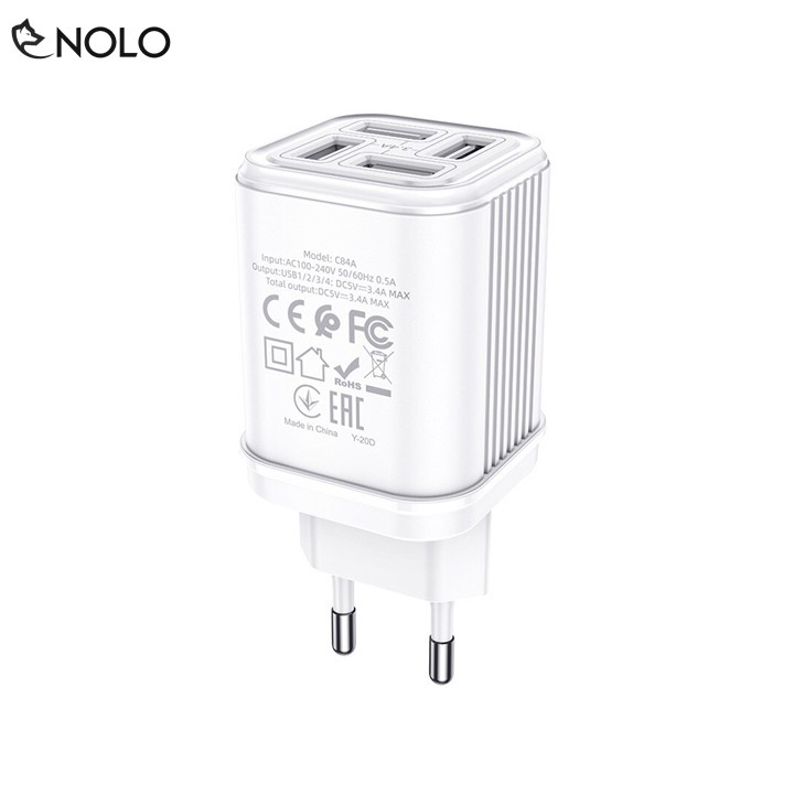 Cốc Sạc Nhanh Đầu Ra Tổng 3.4A Có 4 Cổng Sạc USB Hoco Model C84A Chất Liệu Nhựa PC Cách Điện Tích Hợp Mạch Bảo Vệ