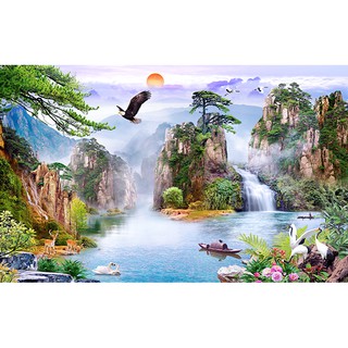 Tranh dán tường 3D thác nước - VẢI LỤA phủ kim sa (kích thước theo yêu cầu)