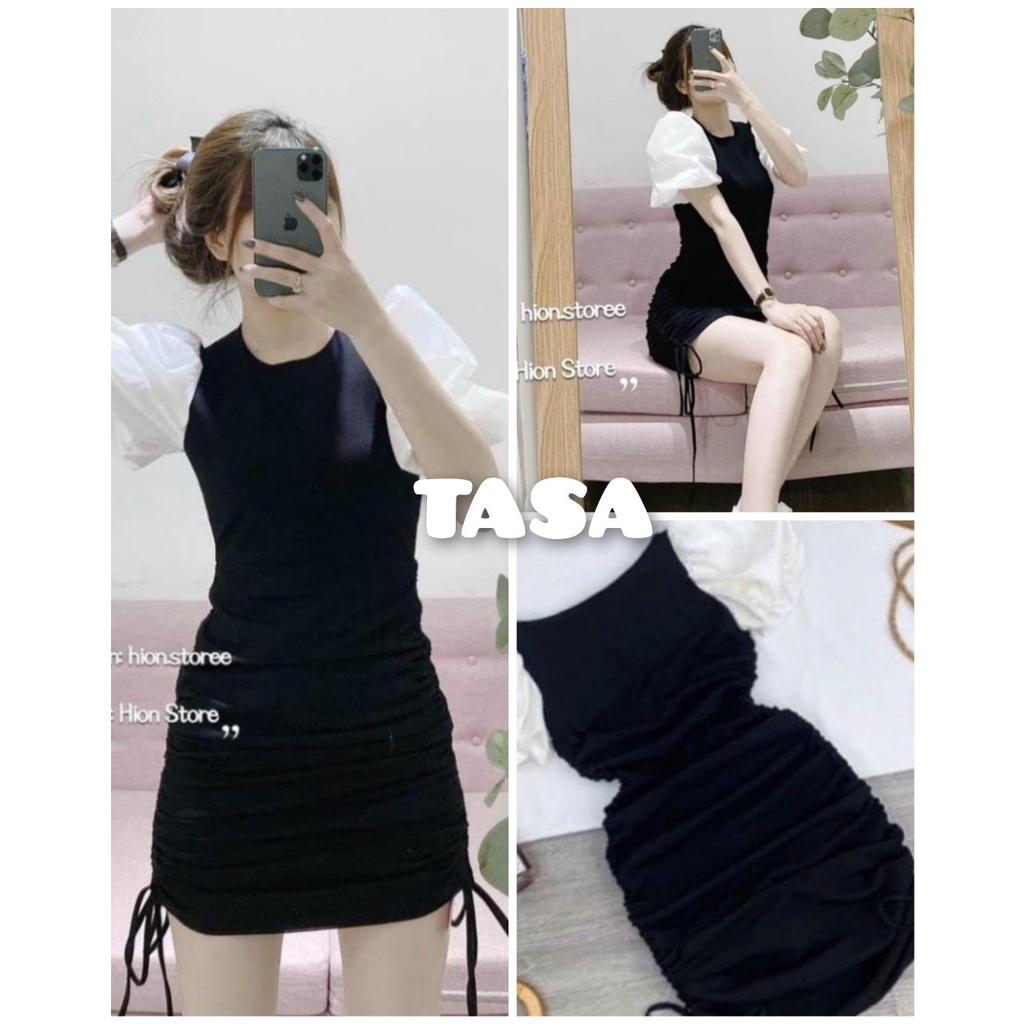 TSL-Đầm váy body màu đen tay phồng rút dây phong cách trẻ trung, dễ thương phù hợp cho nàng dạo phố, dự tiệc